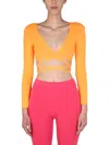 Msgm Orange Solid V Neck Top In Orange
