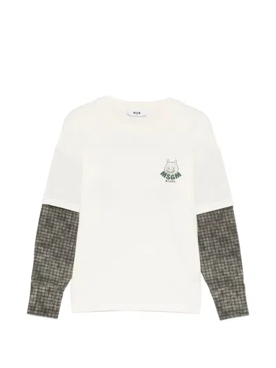Msgm Kids' Over Checked-sleeve T-shirt In Neutrals
