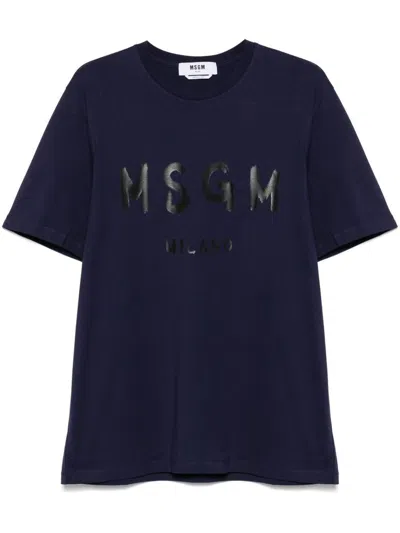 Msgm Over T-shirt In Blue Cotton With Printed Black Logo