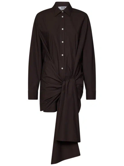 Msgm Oversized Brown Cotton Poplin Minidress-style Shirt In Black
