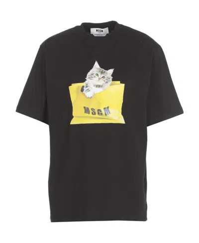 Msgm Oversized Kitty Cotton T-shirt In Green