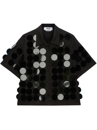 Msgm Sequin Embellished Collared Cotton Shirt In Black