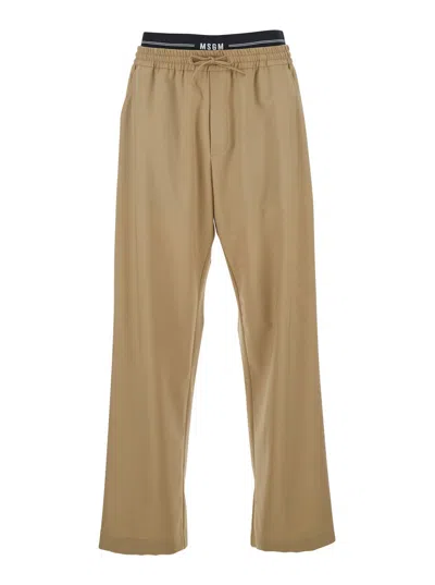 MSGM BEIGE PANTS WITH ELASTIC DRAWSTRING WAIST IN WOOL STRETCH MAN