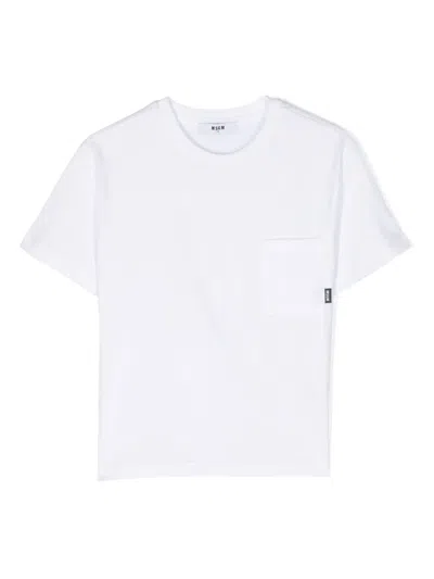 Msgm Kids' Patch-pocket Cotton T-shirt In White