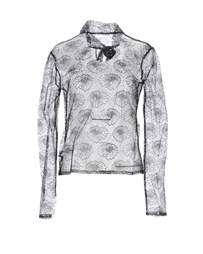 Msgm Pearl-embellished Sheer Floral Top In Black Polyester