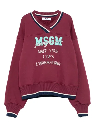 Msgm Kids' Pearl-embellished Sweatshirt In Burgundy