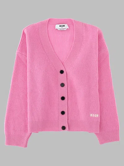 Msgm Logo-embroidered Ribbed Cardigan In Pink