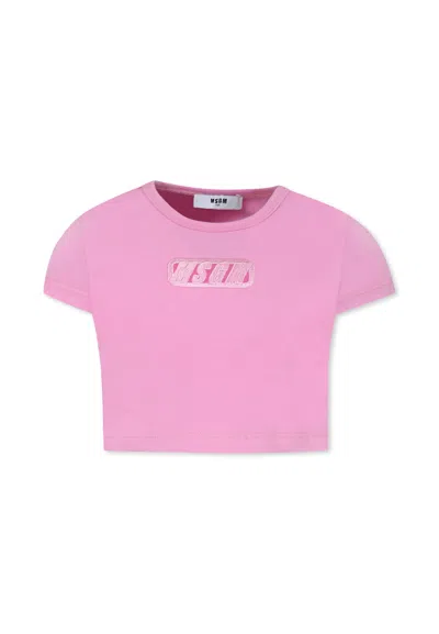 Msgm Kids' Pink Crop T-shirt For Girl With Logo