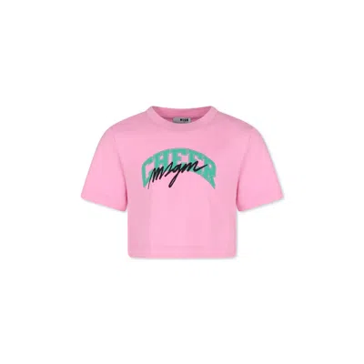 Msgm Kids' Pink Crop T-shirt For Girl With Logo