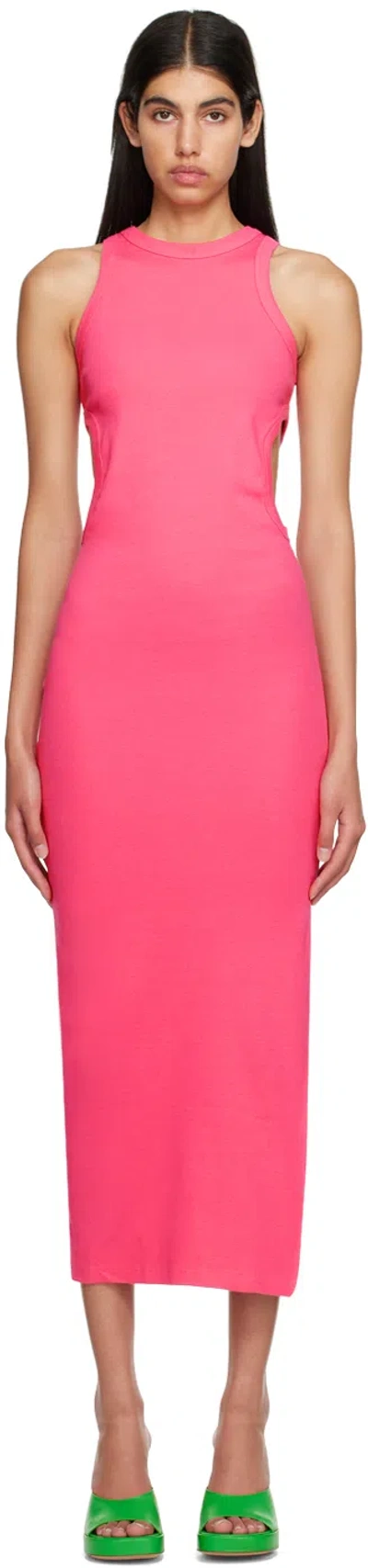 Msgm Pink Cutout Midi Dress In 13 Hot Pink