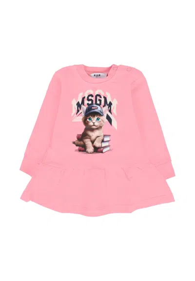 MSGM PINK DRESS FOR BABY GIRL WITH LOGO AND CAT