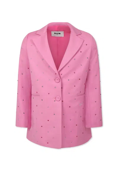 Msgm Kids' Pink Jacket For Girl With Rhinestones And Logo
