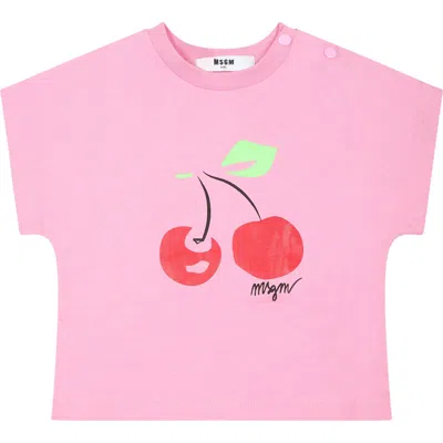 Msgm Kids' Pink T-shirt For Baby Girl With Cherry Print