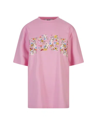 Msgm Pink T-shirt With Floral College Logo