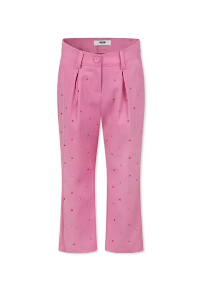 Msgm Kids' Pink Trousers For Girl With Rhinestones And Logo