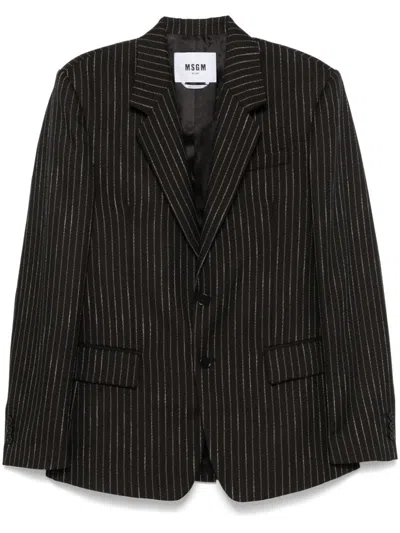 Msgm Pinstriped Blazer In Dark Brown/whit