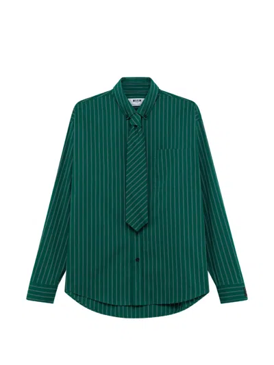 Msgm Pinstriped Tie-detail Shirt In Green