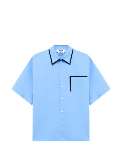 Msgm Piping-detail Embroidered-logo Shirt In Blue