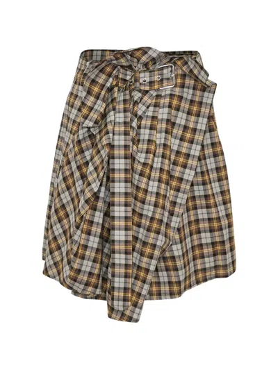 Msgm Plaid Belted Midi Skirt In Brown