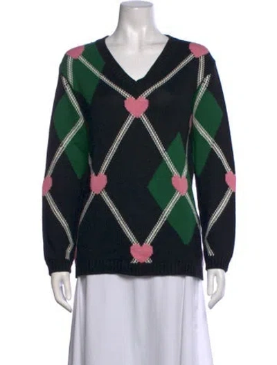 Pre-owned Msgm Plaid Print V-neck Sweater In Black/green