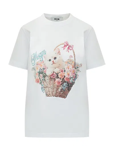 Msgm Playful Graphic Tee With Gattino Print In Multi