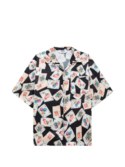 Msgm Playing Card-print Camp-collar Shirt In Black