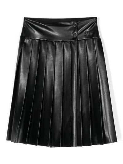 Msgm Kids' Pleat Faux-leather Skirt In Black