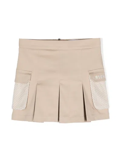 Msgm Kids'  Girls Beige Cotton Pleated Skirt