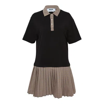 Msgm Pleated Polo Two Colourway Dress In Black