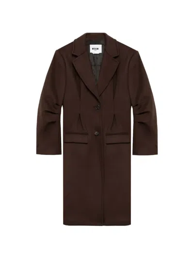 Msgm Pleated-sleeve Notched-lapels Coat In Brown