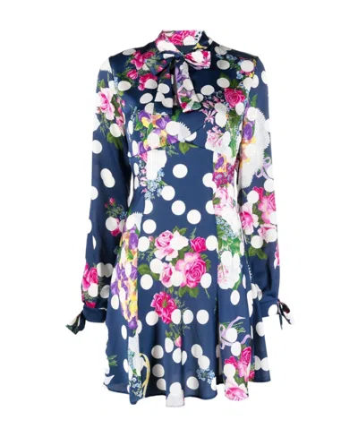 Msgm Polka-dot Pattern Pussy-bow Minidress In Blue