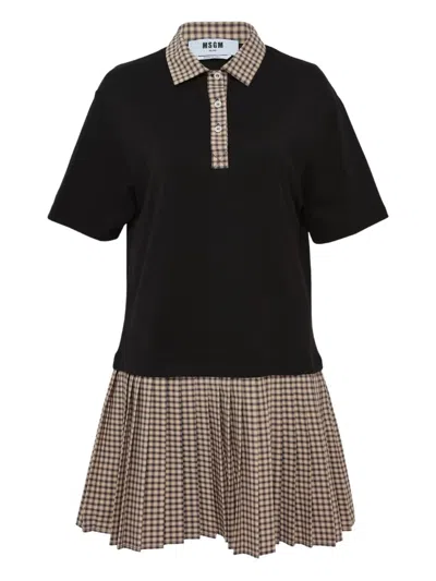 Msgm Polo-collar Check-pattern Mini Dress In Black