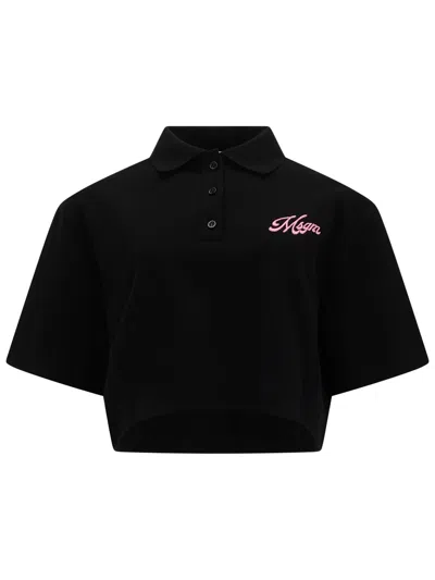 Msgm Logo Cotton Crop Polo Shirt In Black