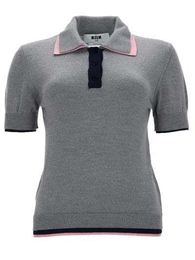 Msgm Short Sleeve Top Contrasting Collar Design In Gray