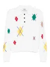 Msgm Cropped White Sweater With Colorful Argyle Patterns And Classic Collar In White
