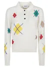Msgm Cropped White Sweater With Colorful Argyle Patterns And Classic Collar In White