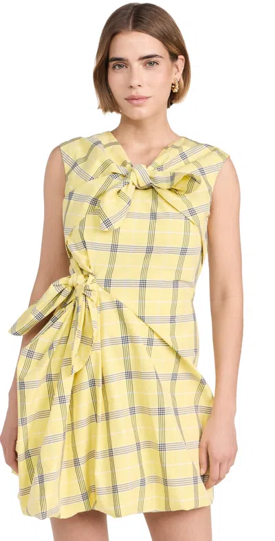 Msgm Poplin Check Short Draped Dress With Bows Yellow