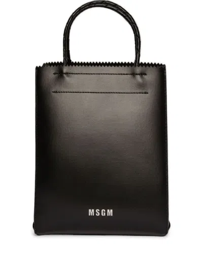 Msgm Printed Leather Tote Bag In Black