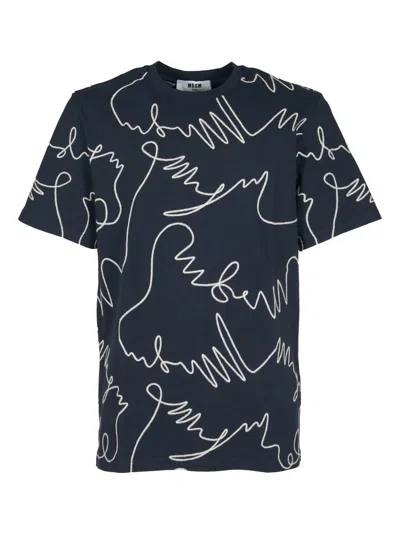 Msgm Printed Round Neck T-shirt In Blue