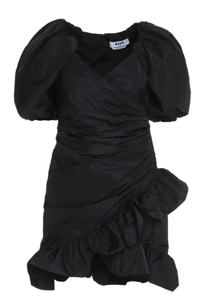 Msgm Ruffle Detailed Puff-sleeved Dress In Black