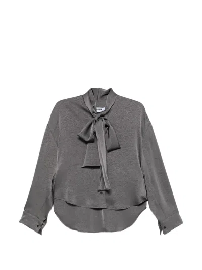 Msgm Pussy-bow Crinkled Shirt In Gray