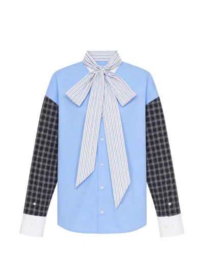 Msgm Pussy-bow Panelled Shirt In Blue