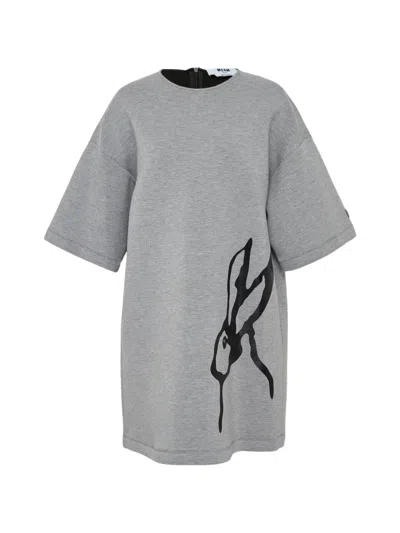 Msgm Rabbit Print Dress In Gray