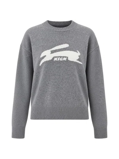 Msgm Rabbit-intarsia Crew-neck Sweater In Gray