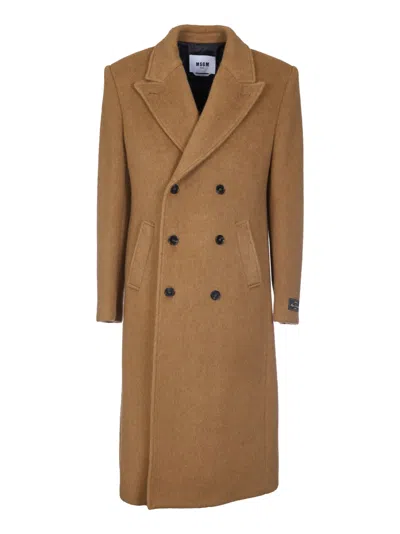 Msgm Rear Slit Double-breasted Long Coat In Brown