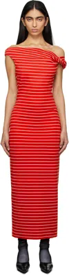 Msgm Red & White Striped Midi Dress In 18 Red