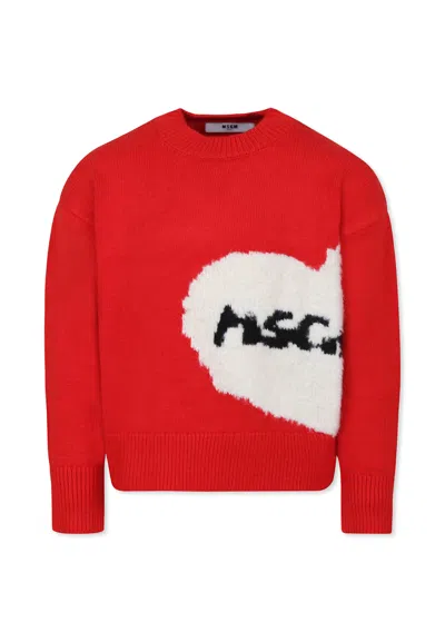 Msgm Kids' Red Crop Sweater For Girl With Heart And Logo