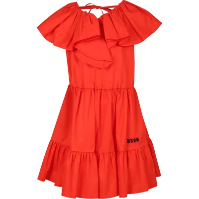 Msgm Kids' Red Dress For Girl With Logo