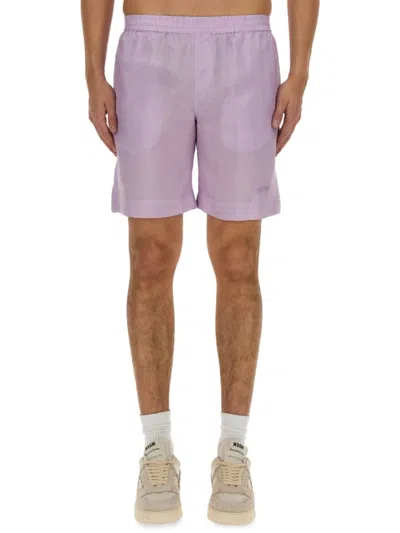 MSGM REGULAR FIT CUPRO SHORTS WITH LOGO DETAIL