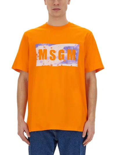Msgm Regular Fit T-shirt With Logo In Orange